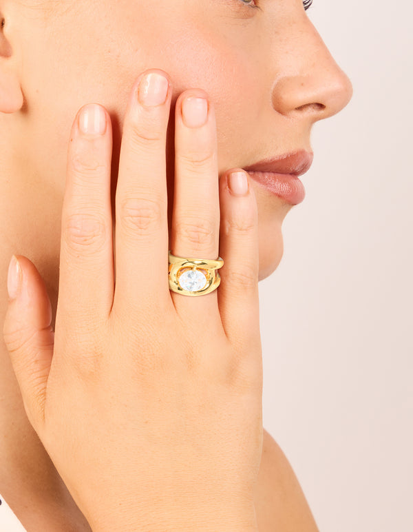 Crafted from waterproof gold plated stainless steel with cubic zirconia fancy split band ring on finger view