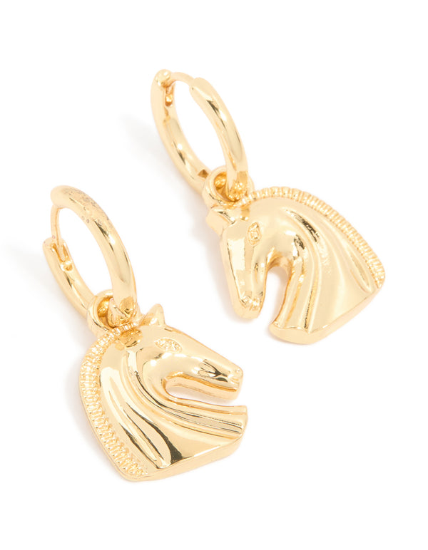 Gold Horse Huggie Drop Earrings