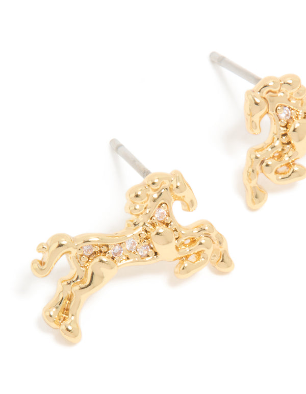 Gold Cubic Zirconia Jumping Horse Stud Earrings