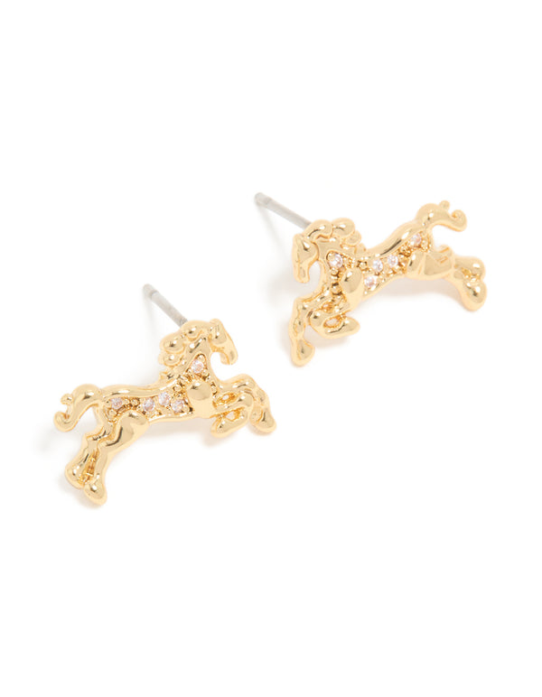 Gold Cubic Zirconia Jumping Horse Stud Earrings