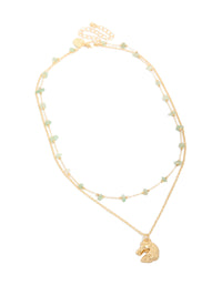 Gold Green Jade Semi Precious Stone Chips & Horse Layered Necklace - link has visual effect only