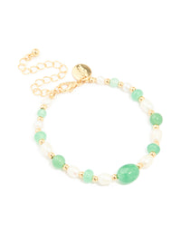 Gold Plated Pearl & Jade Semi Precious Stone Chain Bracelet - link has visual effect only