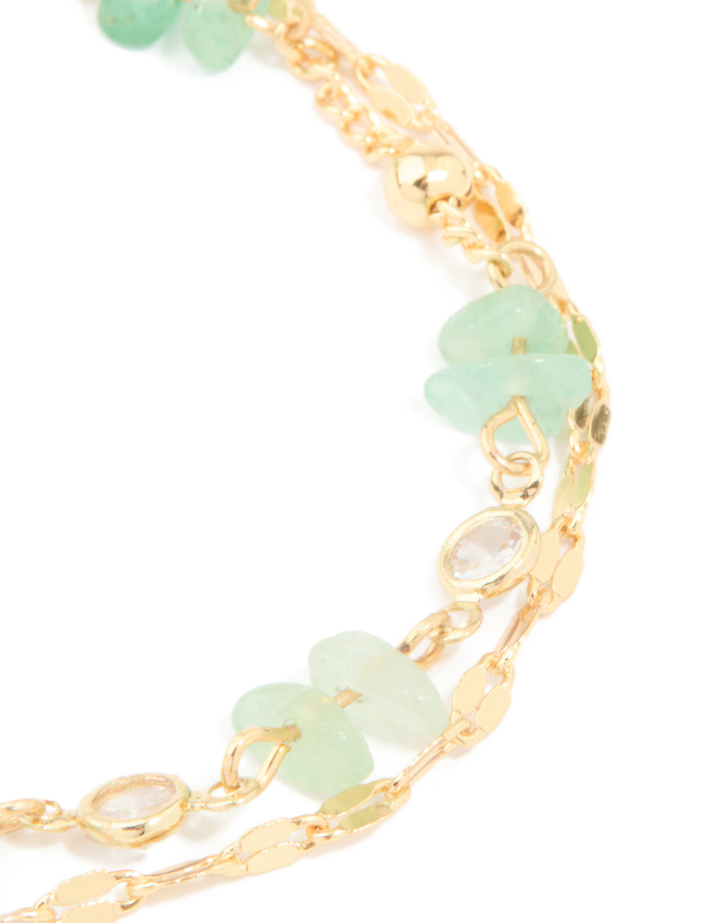 Gold Plated Jade Semi Precious Stone Chip & Cubic Zirconia Layered Bracelet