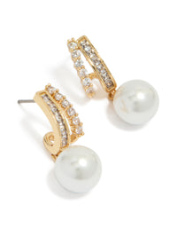 Showcasing gold plated cubic zirconia illusion pearl drop earrings with hoop closure in white front view - link has visual effect only