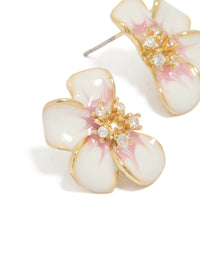 Featuring clear diamante half flower earrings crafted from gold plated material close up view - link has visual effect only
