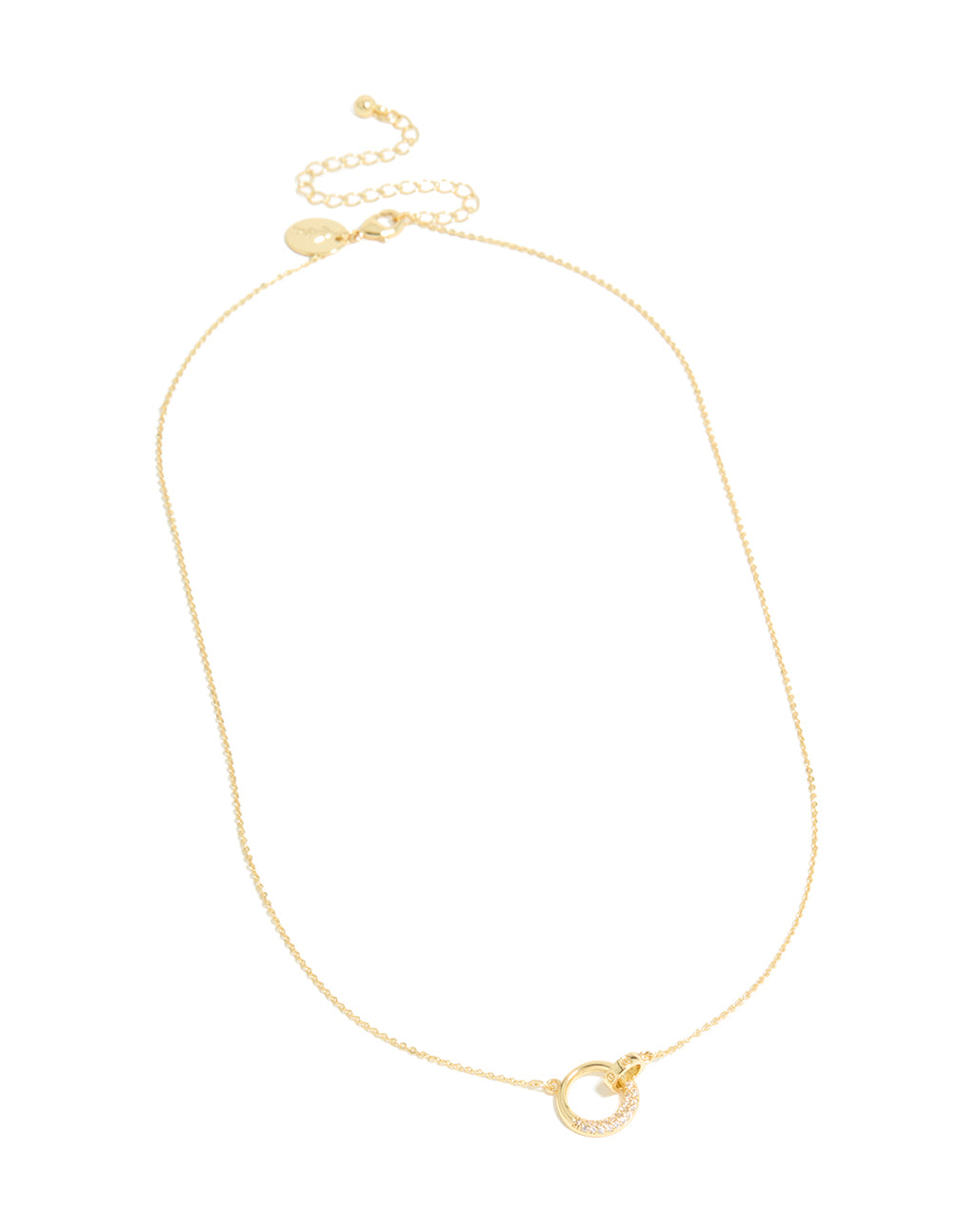 Presenting a gold plated cubic zirconia linked circle necklace with dainty style front view