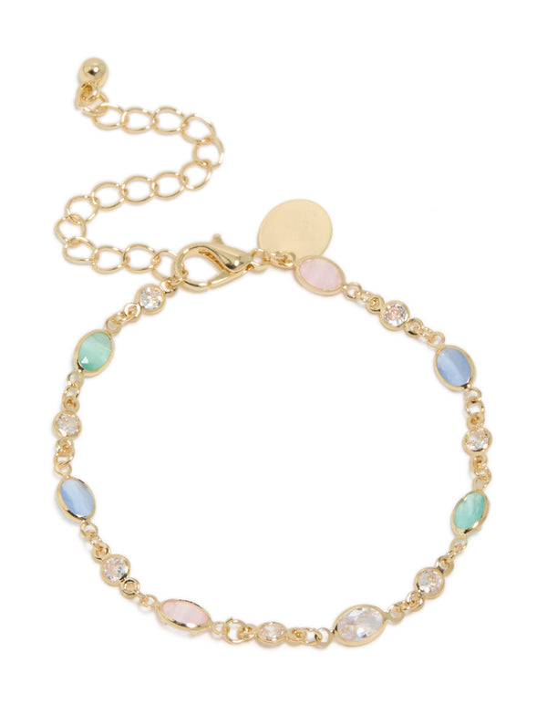 Gold Plated Multicoloured & Clear Cubic Zirconia Oval Bracelet