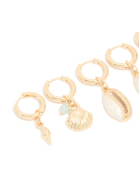 Gold Beaded & Shell Motif Huggie Earrings 3-Pack - link has visual effect only