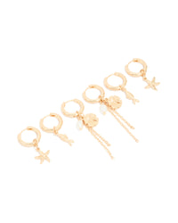 Gold Mixed Chain & Beaded Sea Motif Huggie Earrings 3-Pack - link has visual effect only
