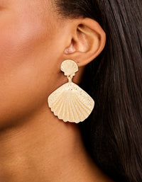Gold Double Clam Shell Drop Earrings - link has visual effect only
