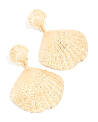 Gold Double Clam Shell Drop Earrings - link has visual effect only
