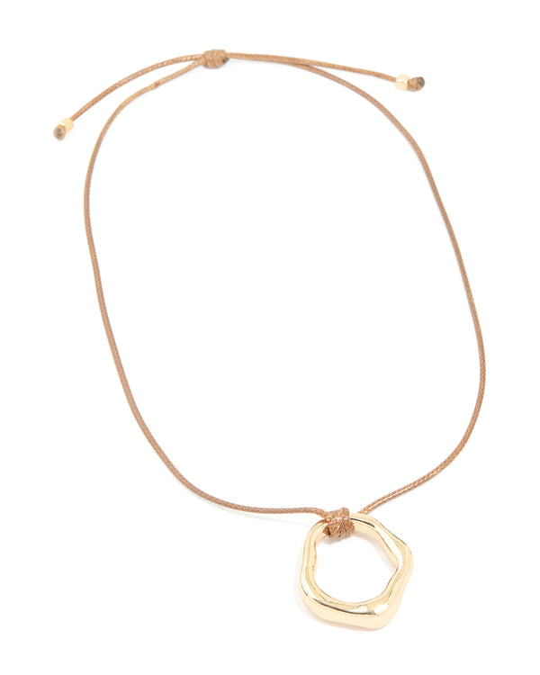 Gold Organic Open Circle Pendant Cord Necklace