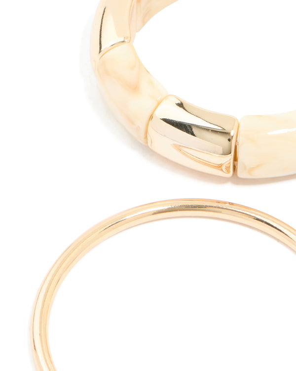 Gold Cream Acrylic Stretch Bracelet & Gold Bangles 3-Pack