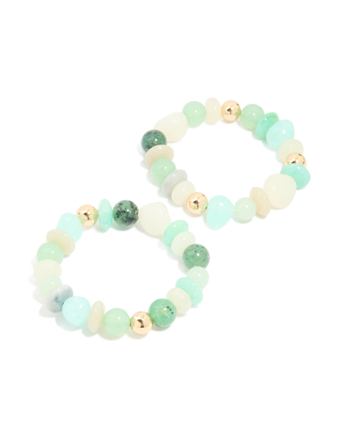Beaded stretch bracelets in a 2-pack featuring gold and blue acrylic in pale turquoise, mint cream, and dark sea green tones front view