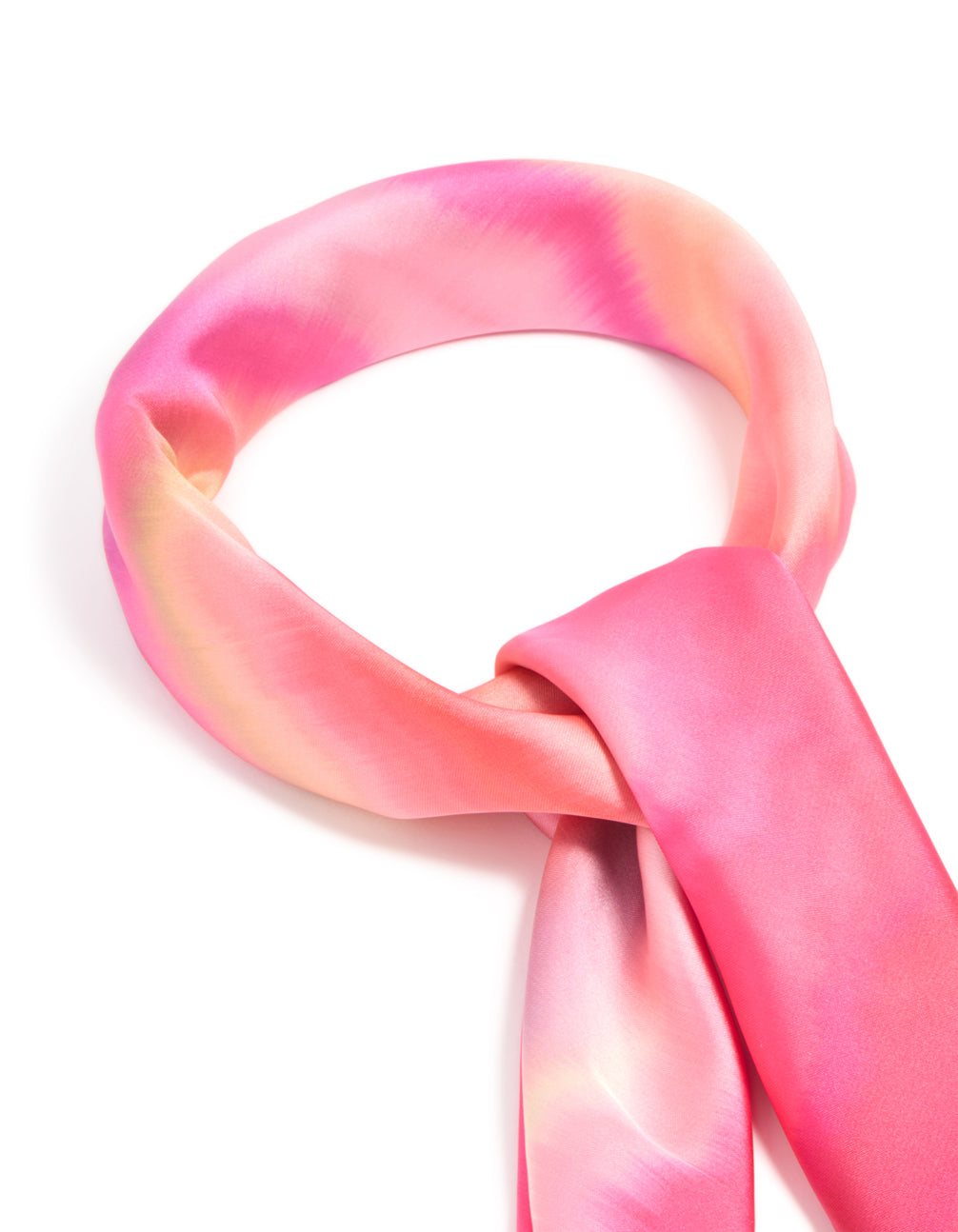 Showcasing pink striped tie-dye fabric scarf in hot and light peachpuff tones side view