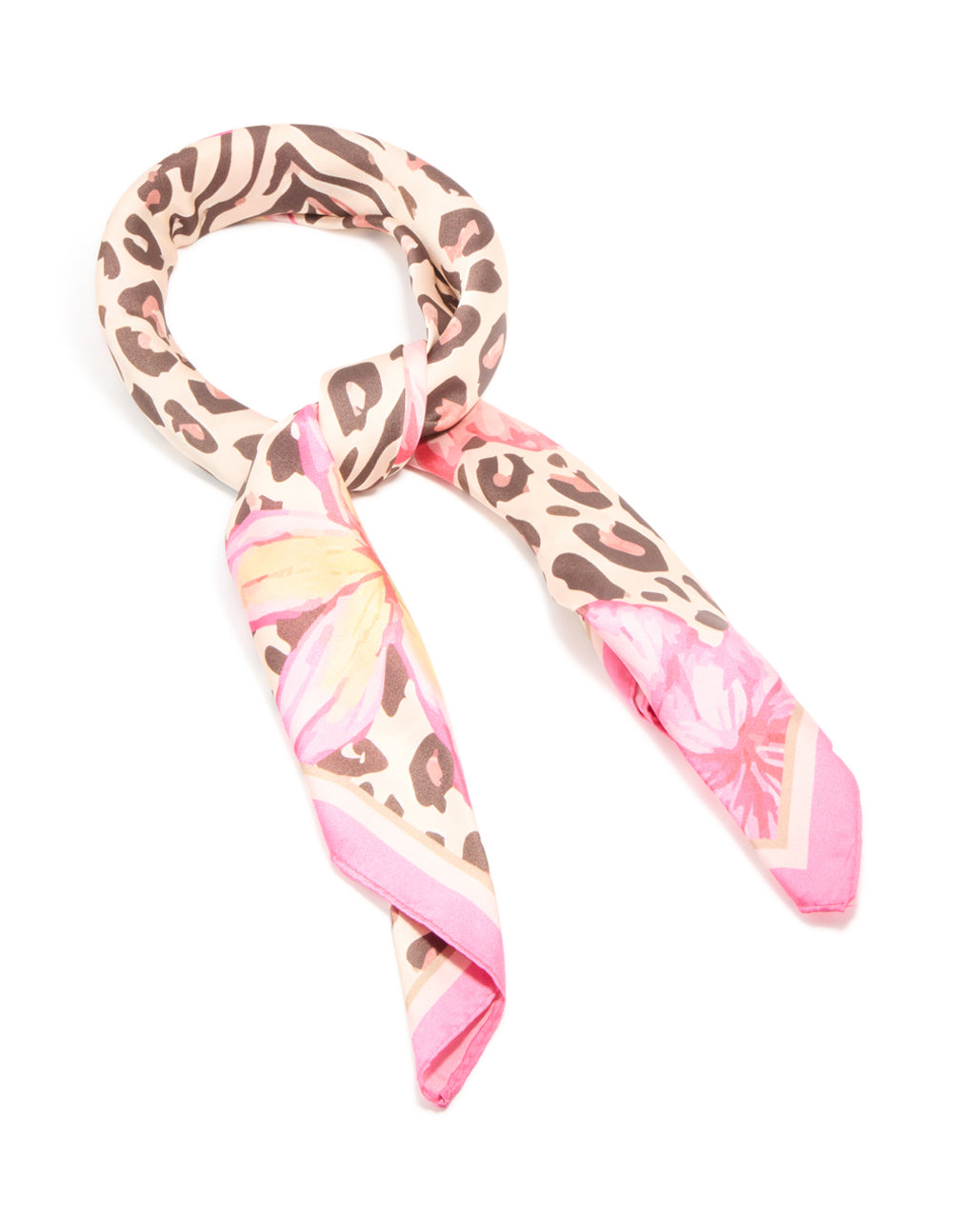 Showcasing a fabric scarf featuring floral accents with animal leopard print in pink, rosy brown, peachpuff and light yellow tones front view