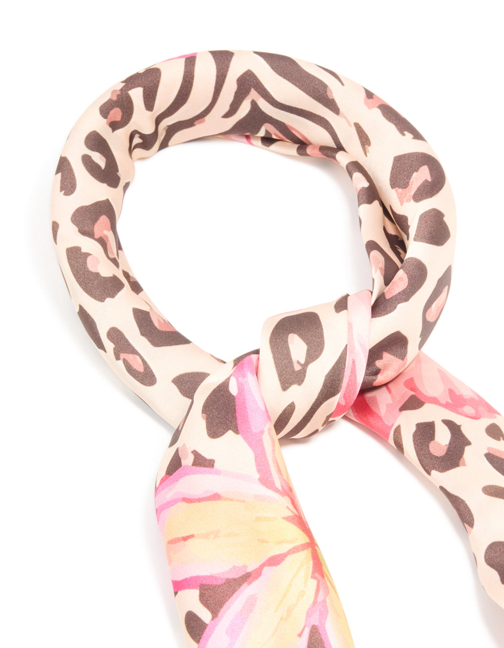 Crafted with floral and animal leopard print patterns in pink, rosy brown, peachpuff and light yellow fabric scarf side view