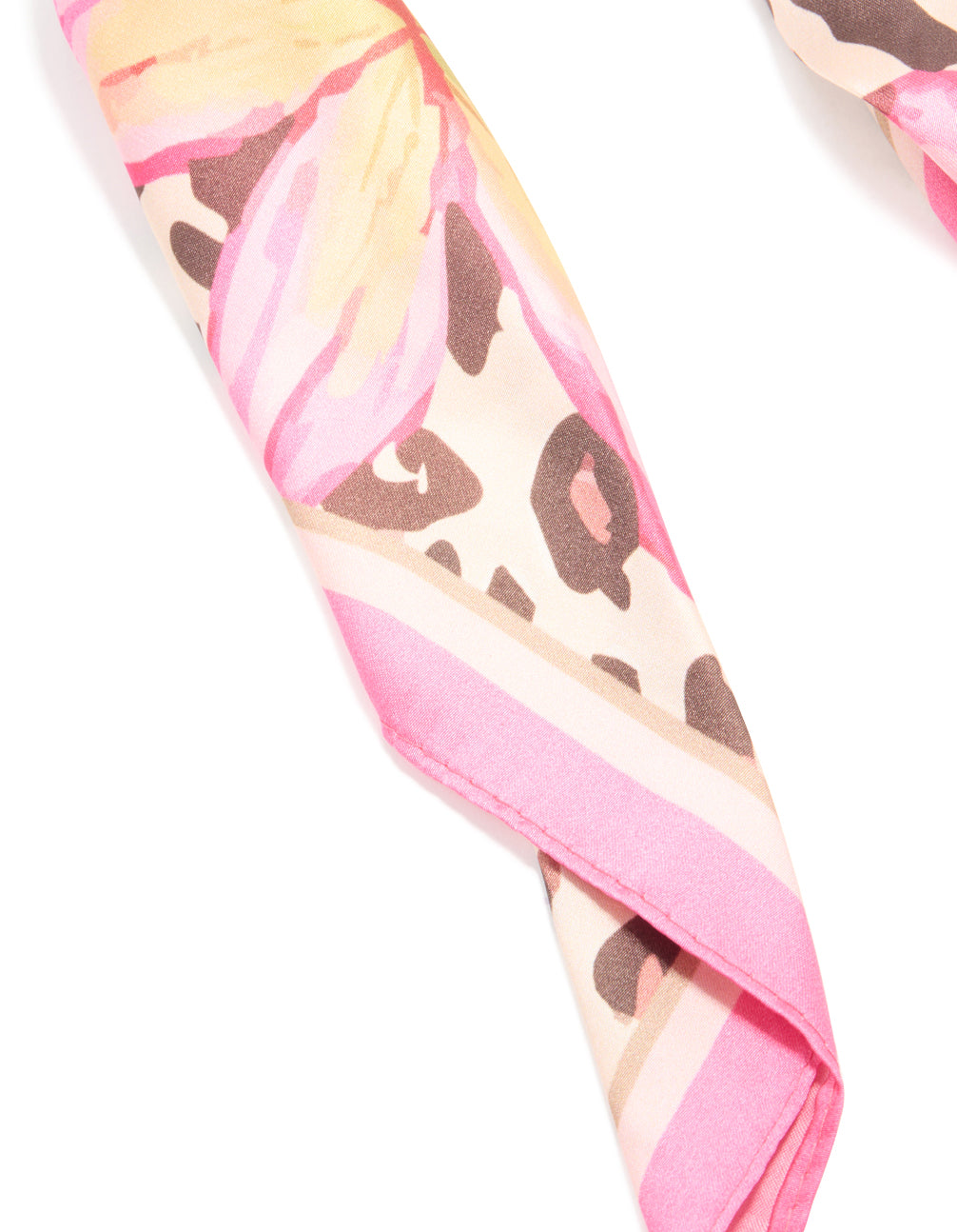 Designed with floral and animal leopard print in pink, rosy brown, peachpuff and light yellow fabric scarf detail view