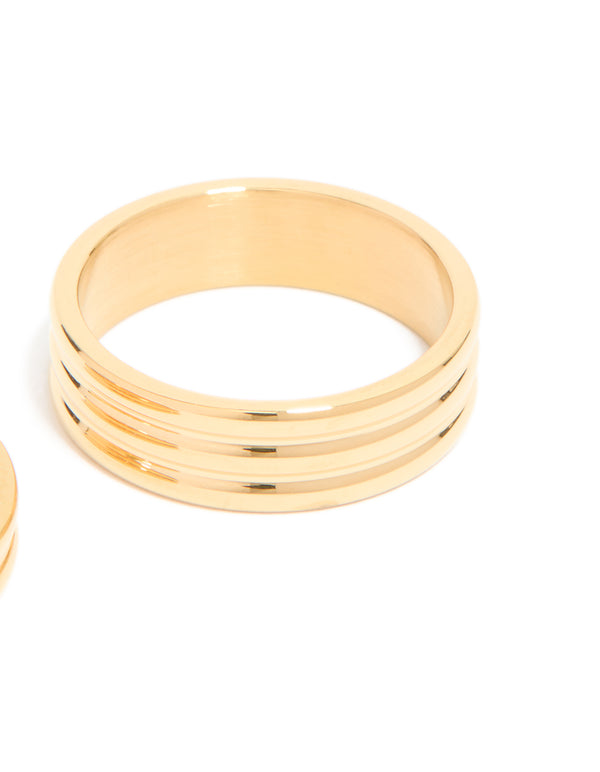 Highlighting waterproof gold plated stainless steel simple band stacking rings in a 2-pack side detail view