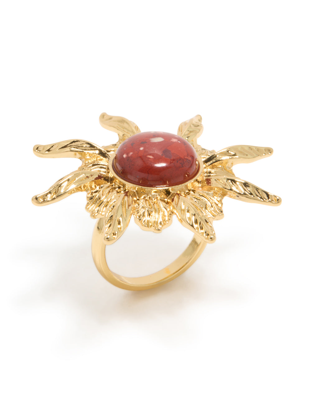 Gold Plated Red Stone Textured Sun Boho Ring