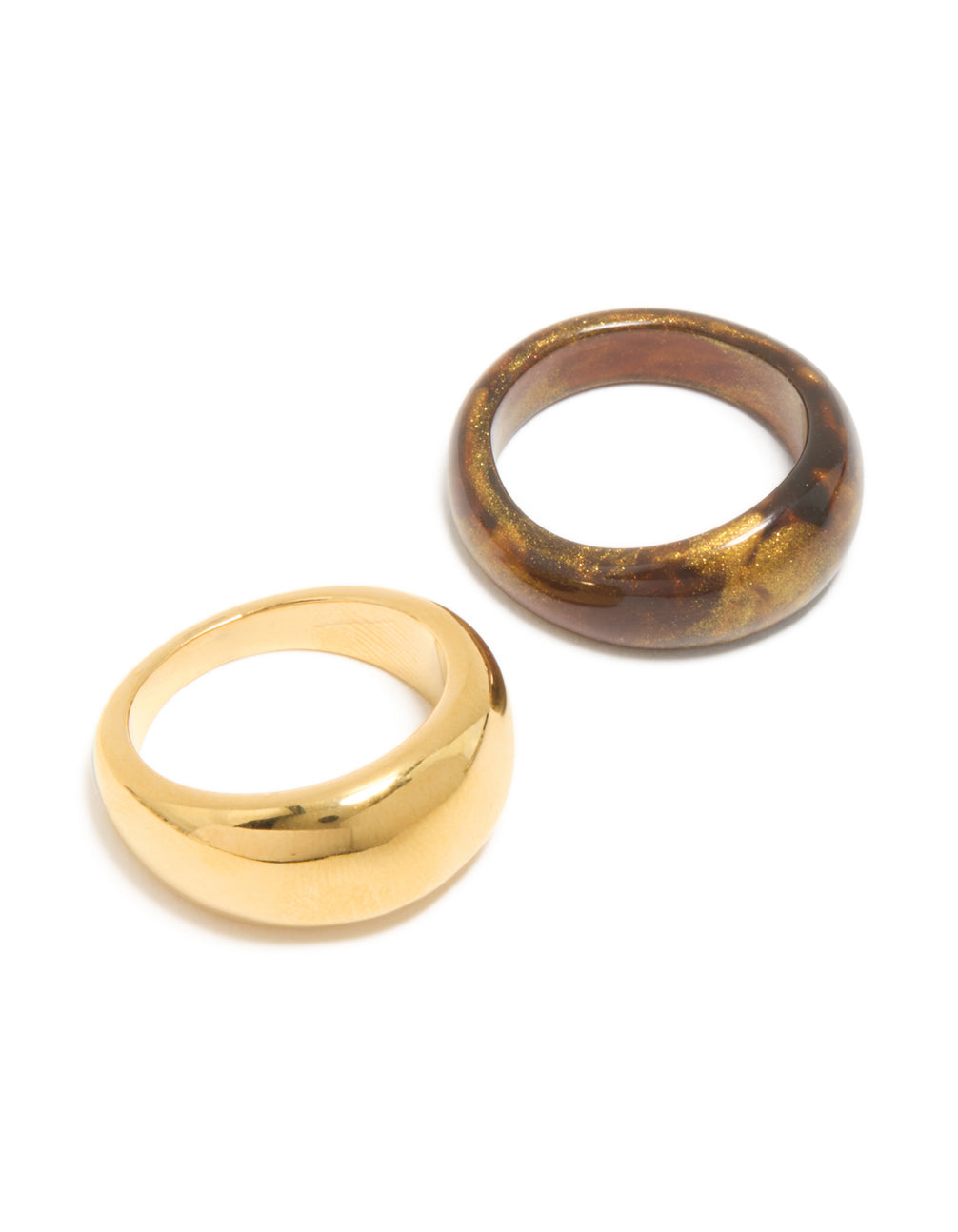 Featuring waterproof gold plated stainless steel and brown modern stacking rings in a 2-pack with glitter and chunky style front view