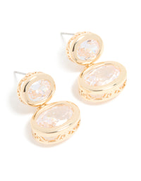 Gold Cubic Zirconia Double Bezel Etched Outer Stud Earrings - link has visual effect only