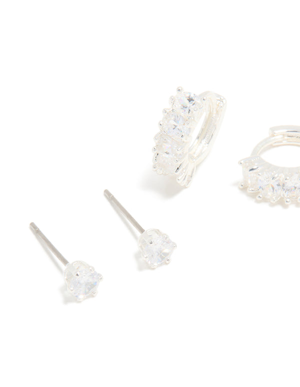 Silver Cubic Zirconia Huggie & Stud Earrings 3-Pack