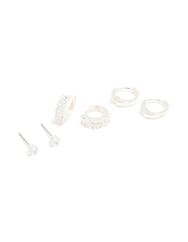Silver Cubic Zirconia Huggie & Stud Earrings 3-Pack