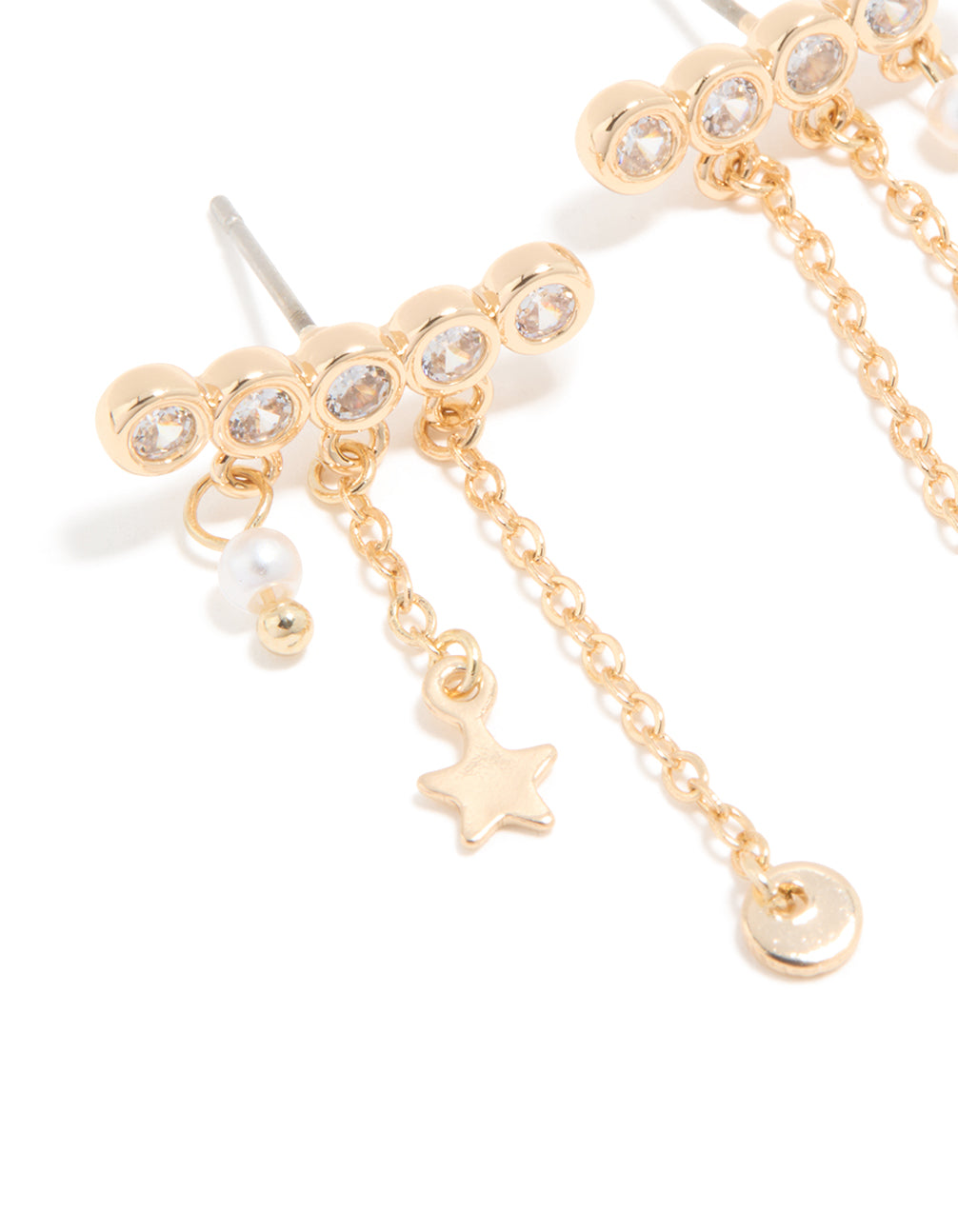 Gold Cubic Zirconia Long Stud Pearl & Star Charm Earrings