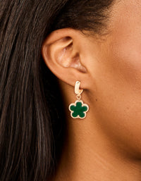 Gold Green Flower Drop Huggie Earrings - link has visual effect only