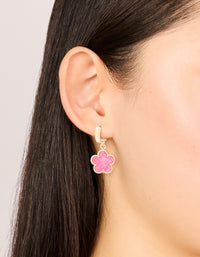 Gold Pink Flower Drop Huggie Earrings - link has visual effect only