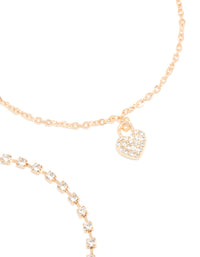 Gold Cubic Zirconia Tennis, Chain & Heart Anklets 3-Pack - link has visual effect only
