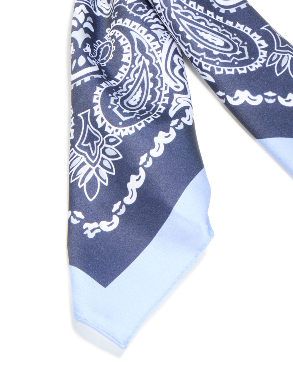 This deco paisley fabric scarf in navy, white and light blue detail view
