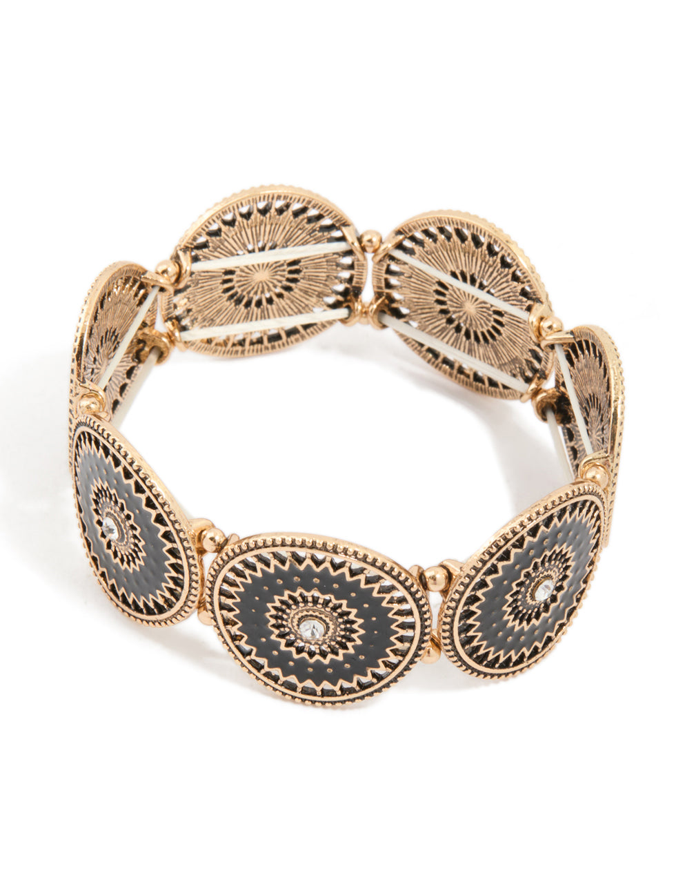 Antique Gold Diamante Centre Boho Disc Stretch Bracelet