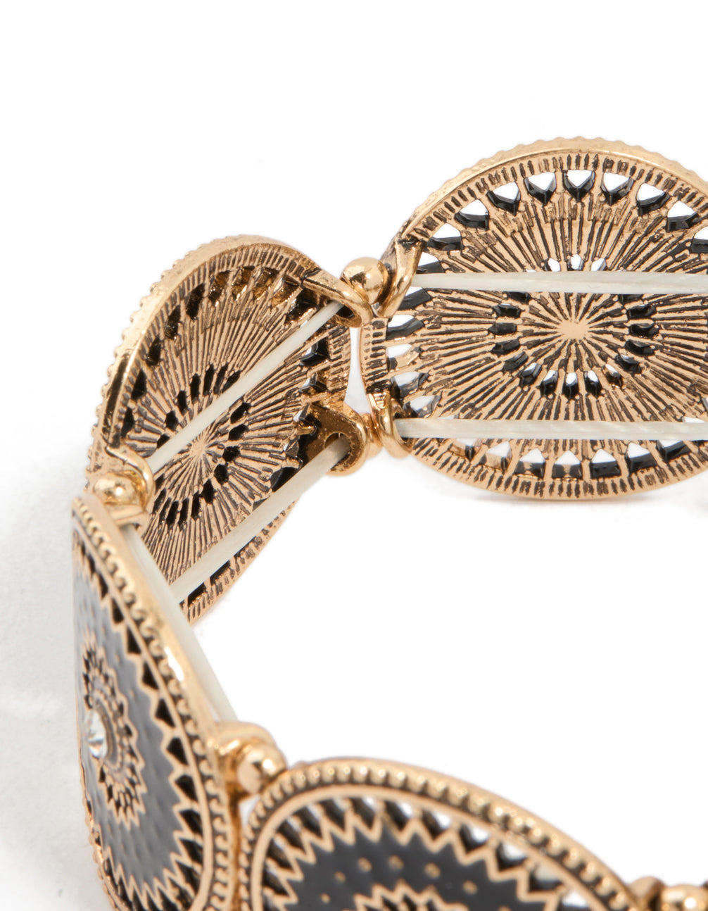 Antique Gold Diamante Centre Boho Disc Stretch Bracelet