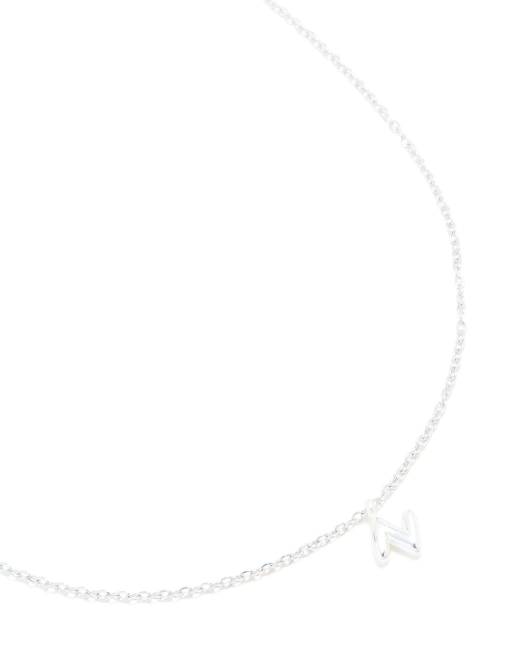 Showcasing a waterproof stainless steel mini bubble letter N necklace with initial pendant in silver close up view