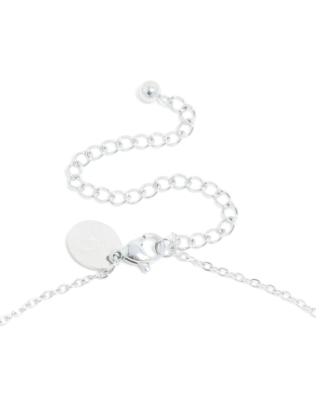 Showcasing waterproof stainless steel construction with initial bubble letter S in silver, this dainty necklace highlights a clasp detail view