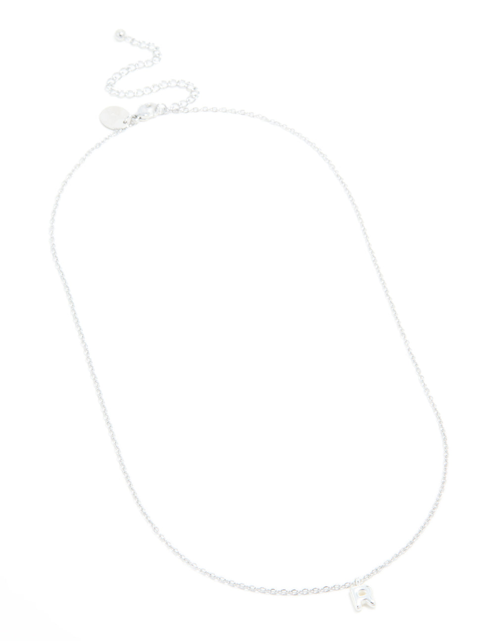 Featuring a waterproof stainless steel mini bubble letter R necklace with initial pendant in silver and dainty styling close up view