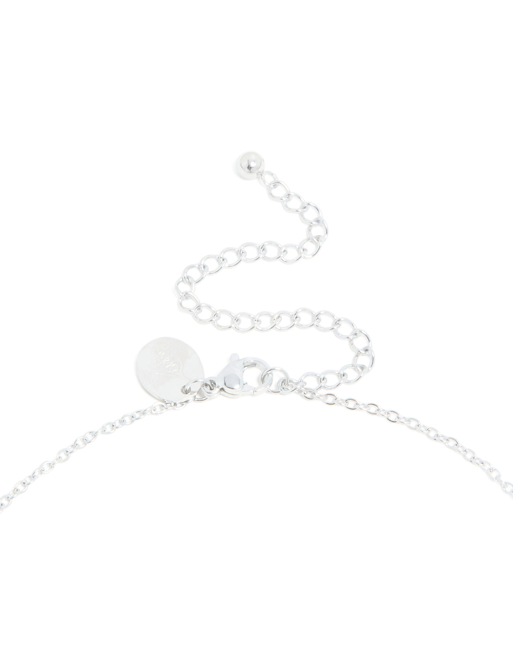 Highlighting waterproof stainless steel mini bubble letter R necklace with initial pendant in silver and dainty styling clasp detail view