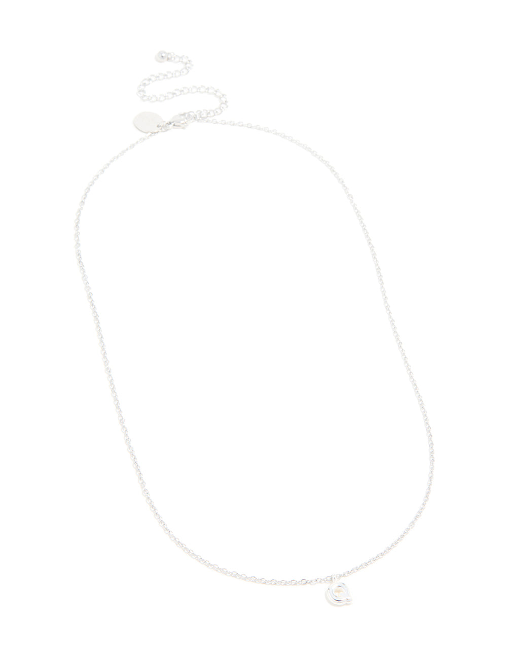 Featuring a waterproof stainless steel mini bubble letter Q necklace with initial pendant in silver front view