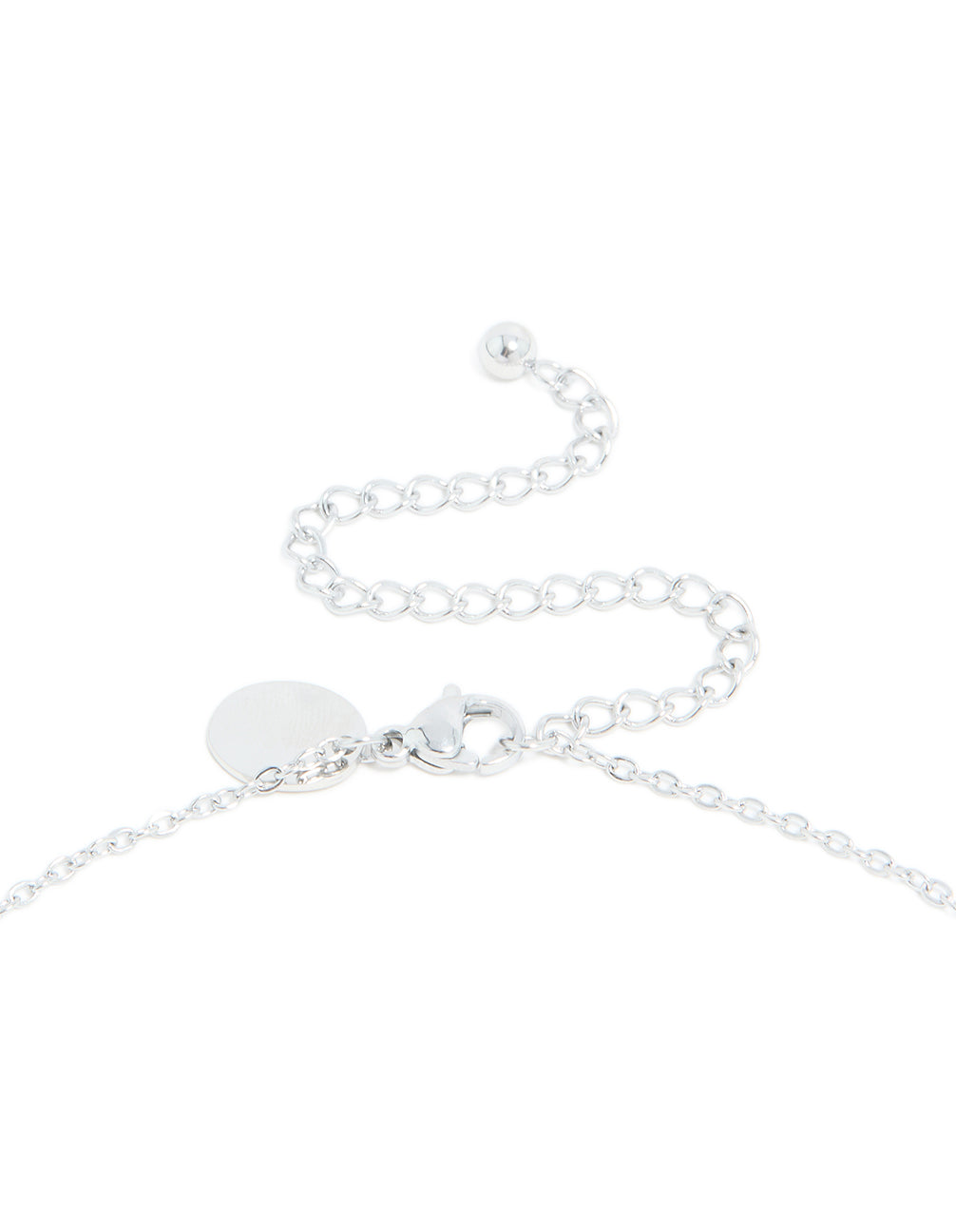 Highlighting waterproof stainless steel mini bubble letter Y necklace with initial pendant in silver clasp detail view