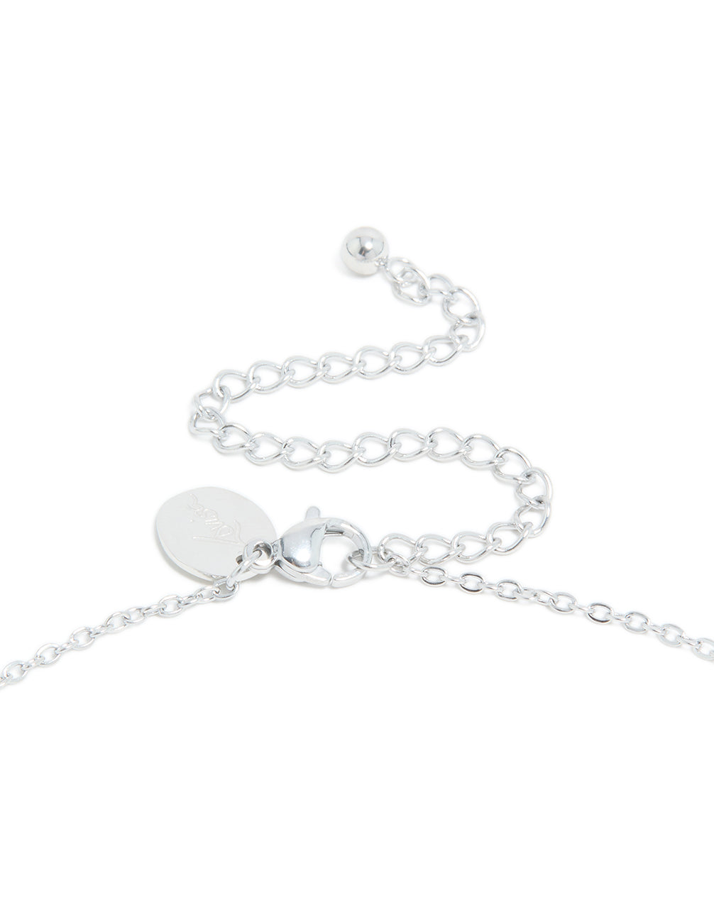 Waterproof stainless steel mini bubble letter C necklace with initial pendant in silver clasp detail view