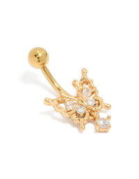 Showcasing a gothic butterfly belly bar with charm detailing, crafted from cubic zirconia, surgical steel, and gold plated in clear belly view - link has visual effect only