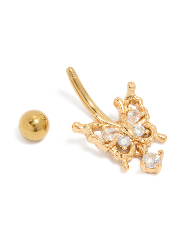Featuring a gothic butterfly belly bar with charm detailing, crafted from cubic zirconia, surgical steel, and gold plated in clear detail view