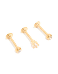 Gold Plated Surgical Steel Cubic Zirconia Round Flat Back Studs 3-Pack - link has visual effect only