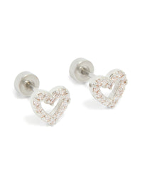 Discover surgical steel heart stud earrings featuring cubic zirconia pavé setting with flat back closure in silver and clear stone front view - link has visual effect only