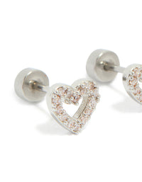 Charming surgical steel heart stud earrings with cubic zirconia pavé setting and flat back closure in silver and clear stone post detail view - link has visual effect only
