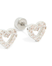 Beautiful surgical steel heart stud earrings featuring cubic zirconia pavé setting with flat back closure in silver and clear stone close up view - link has visual effect only