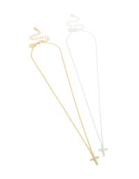 Mixed Metal Plated Cross Cubic Zirconia Pendant Necklaces 2-Pack - link has visual effect only