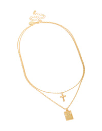 Gold Plated Cross & Rectangle Tab Pendant Layered Necklace - link has visual effect only